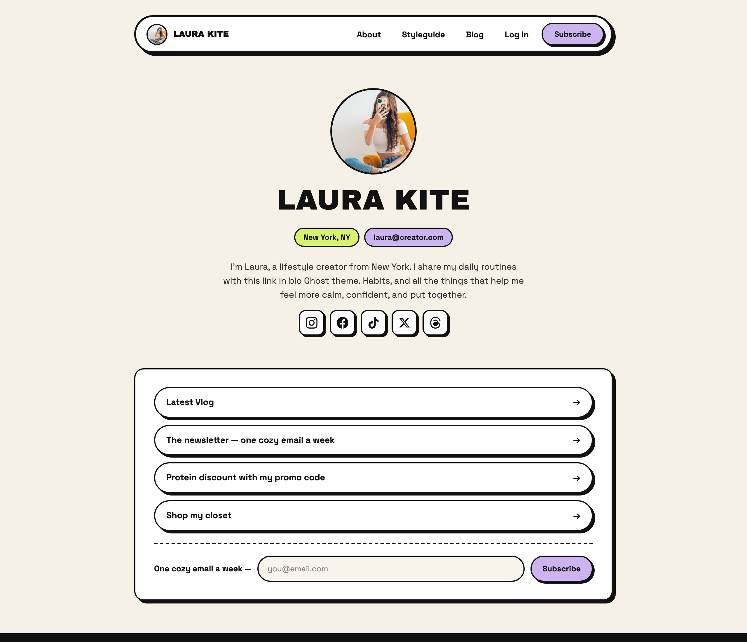 The Kite homepage — bio hero with avatar, name, location and email pills, social icons, and the quick-links card