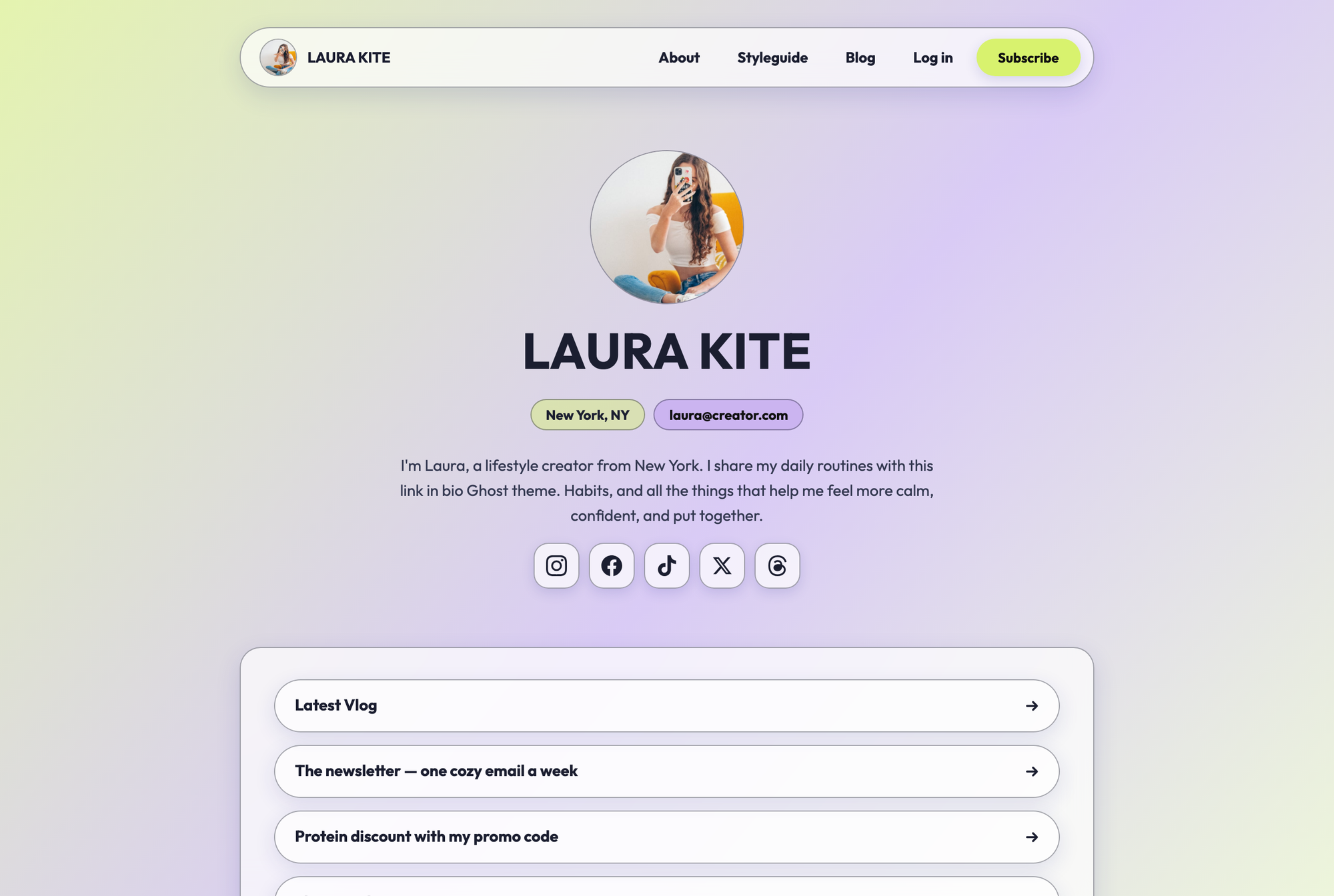 Kite homepage rendered in the Glass style