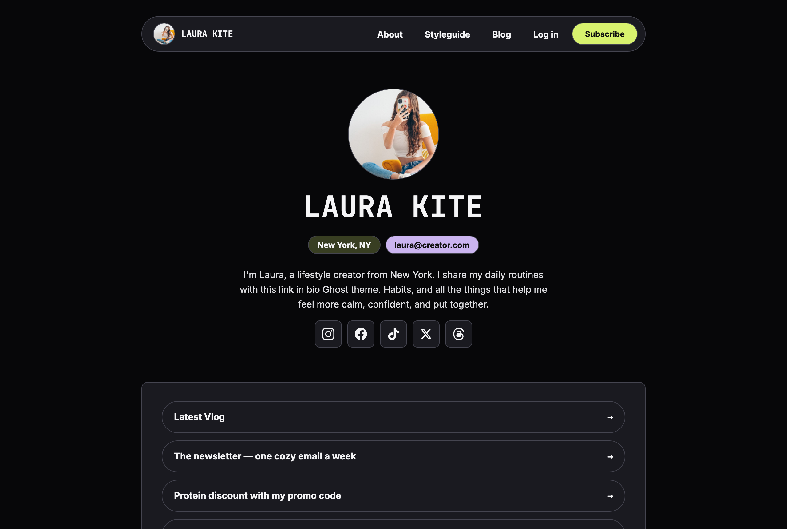 Kite homepage rendered in the Midnight style