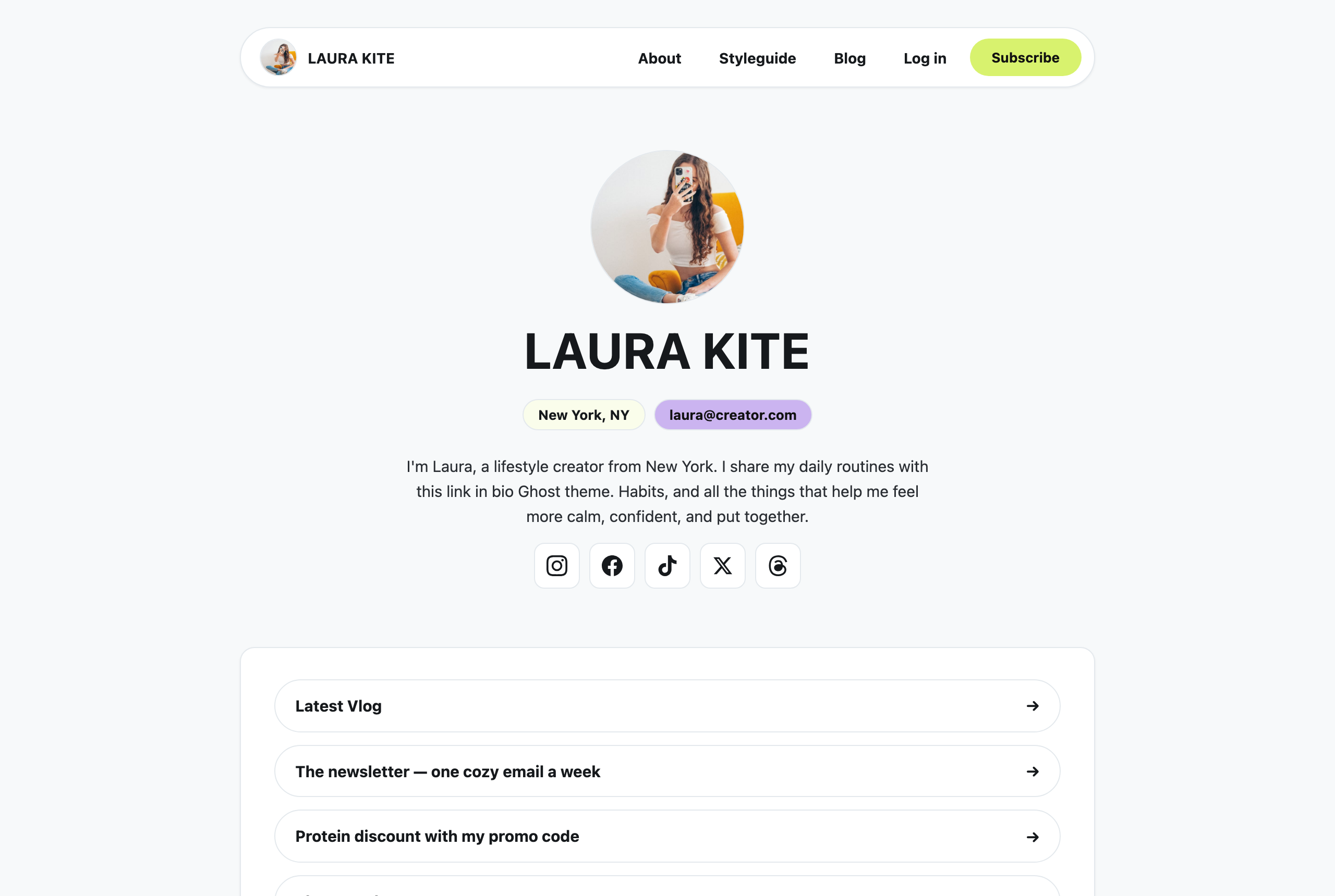 Kite homepage rendered in the Minimal style